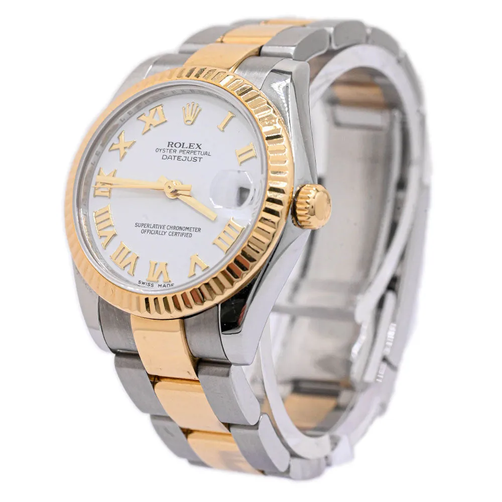 Rolex Ladies Datejust Two Tone Yellow Gold and Stainless Steel 31mm White Roman Dial Watch Ref# 178273
