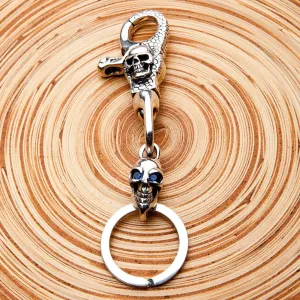 Sapphire Skull Sterling Silver Biker Keychain