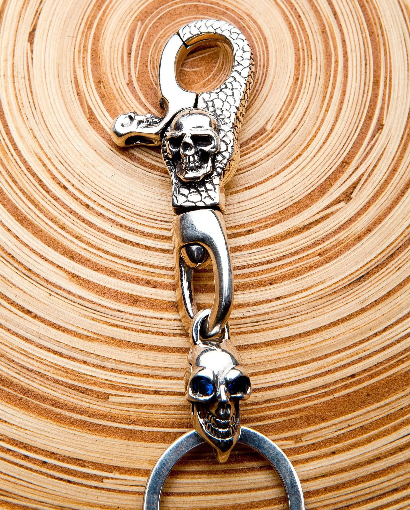 Sapphire Skull Sterling Silver Biker Keychain