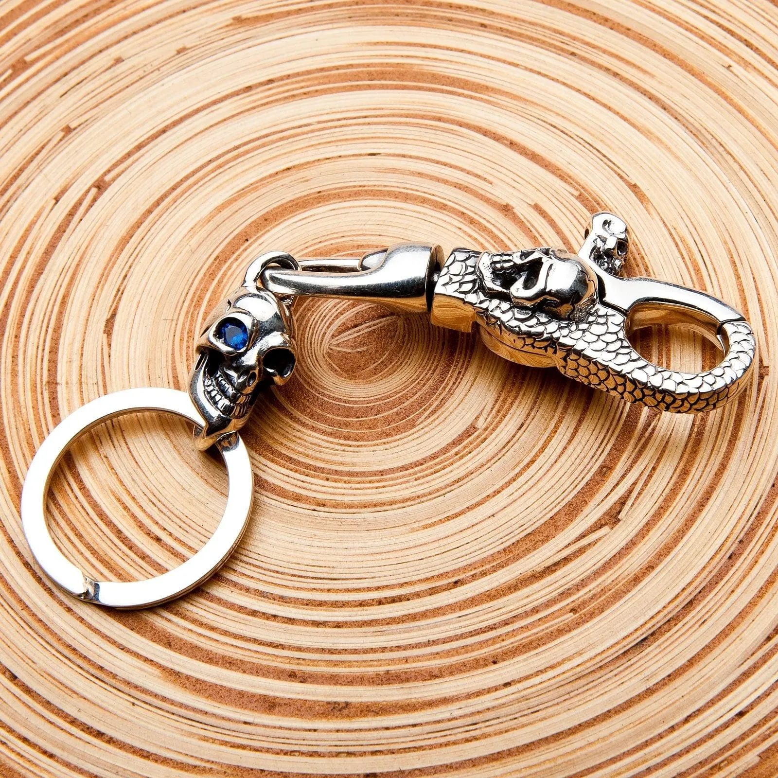 Sapphire Skull Sterling Silver Biker Keychain
