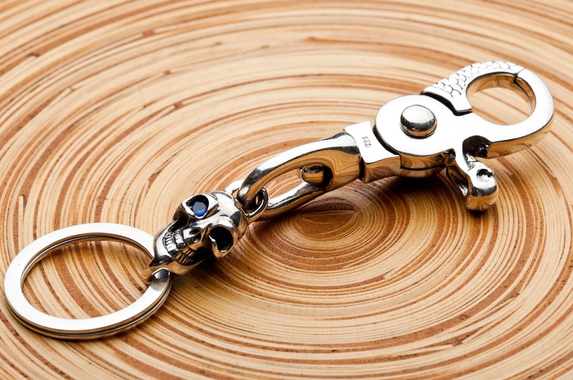 Sapphire Skull Sterling Silver Biker Keychain