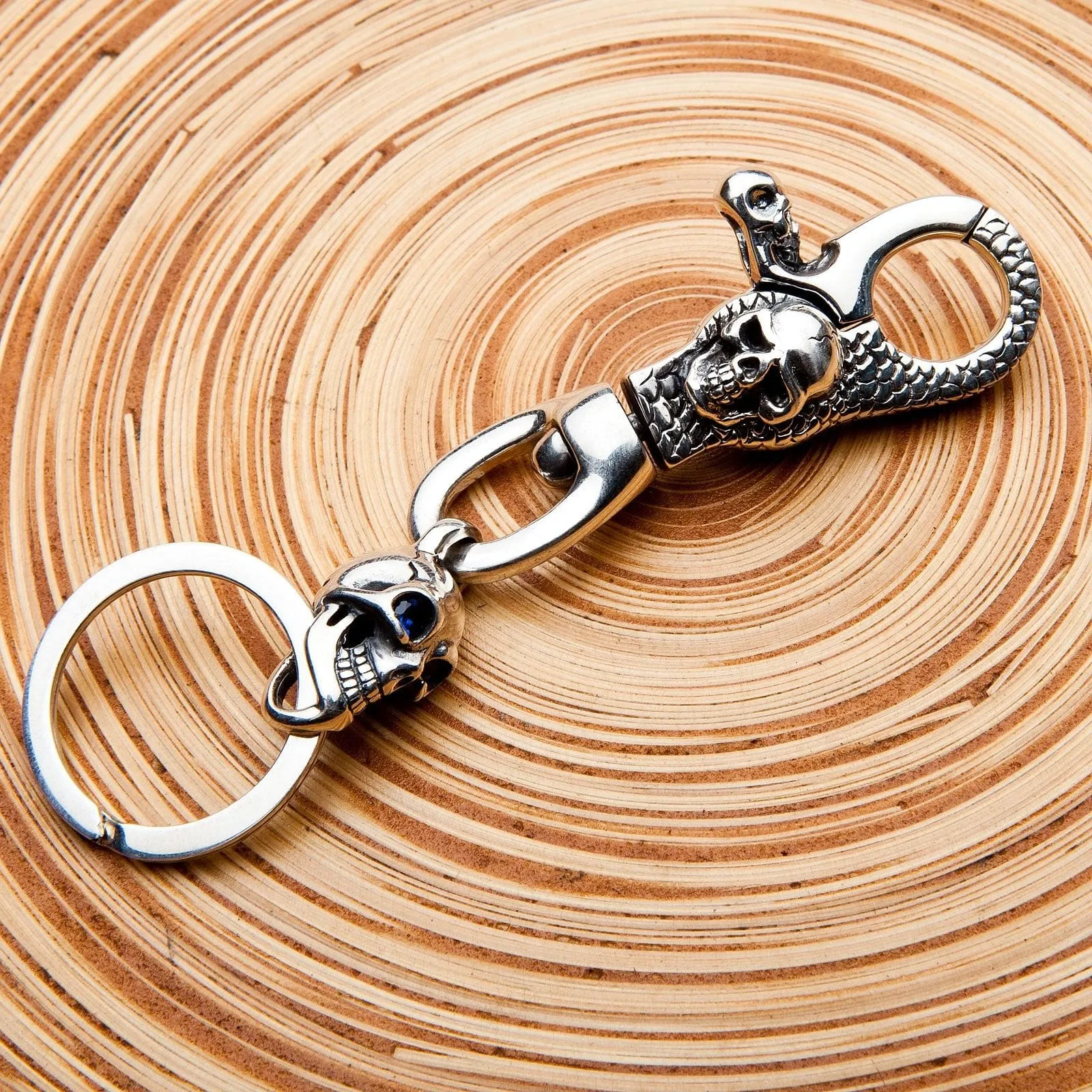 Sapphire Skull Sterling Silver Biker Keychain