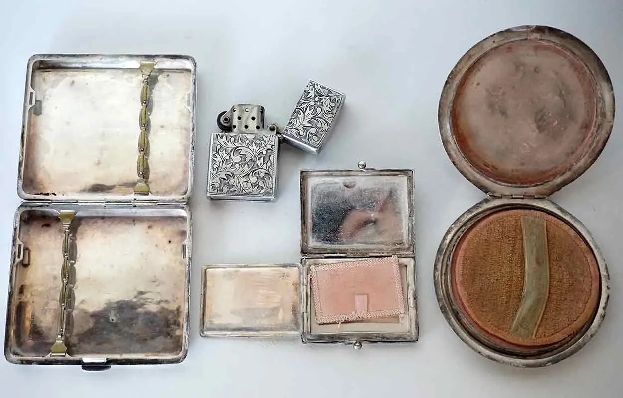Set Four Vintage Japanese 950 Silver Compacts, Lighter and Cigarette Case