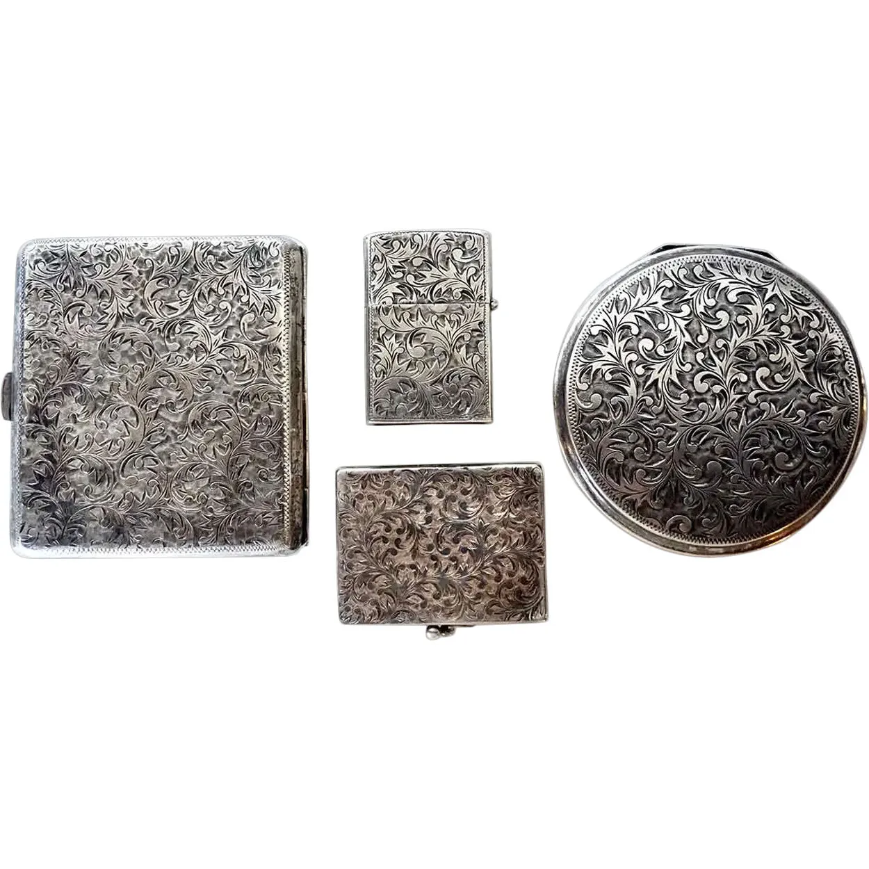 Set Four Vintage Japanese 950 Silver Compacts, Lighter and Cigarette Case