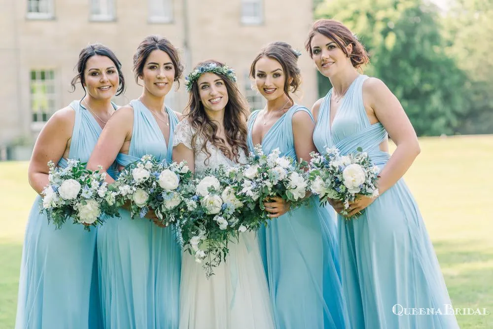 Sexy Charming Elegant Light Blue Mismatched V-neck A-line Long Cheap Jersey Bridesmaid Dresses, BDS0003