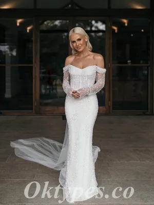 Shiny Elegant Off Shoulder Long Sleeve Mermaid Long Wedding Dresses,WDS0133
