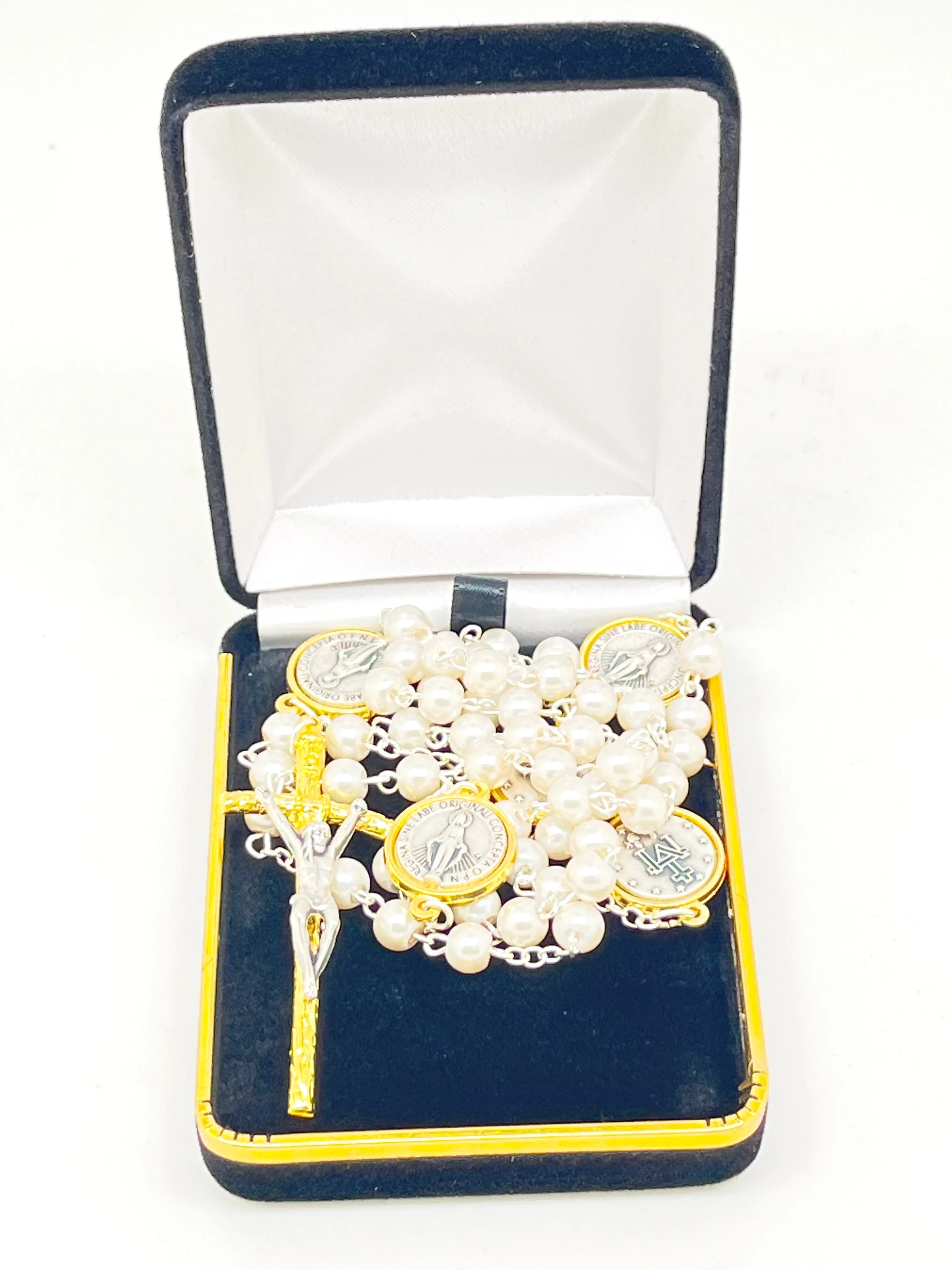 Silver and Gold Two Tone and White Pearl Bead Miraculous Medal Rosary