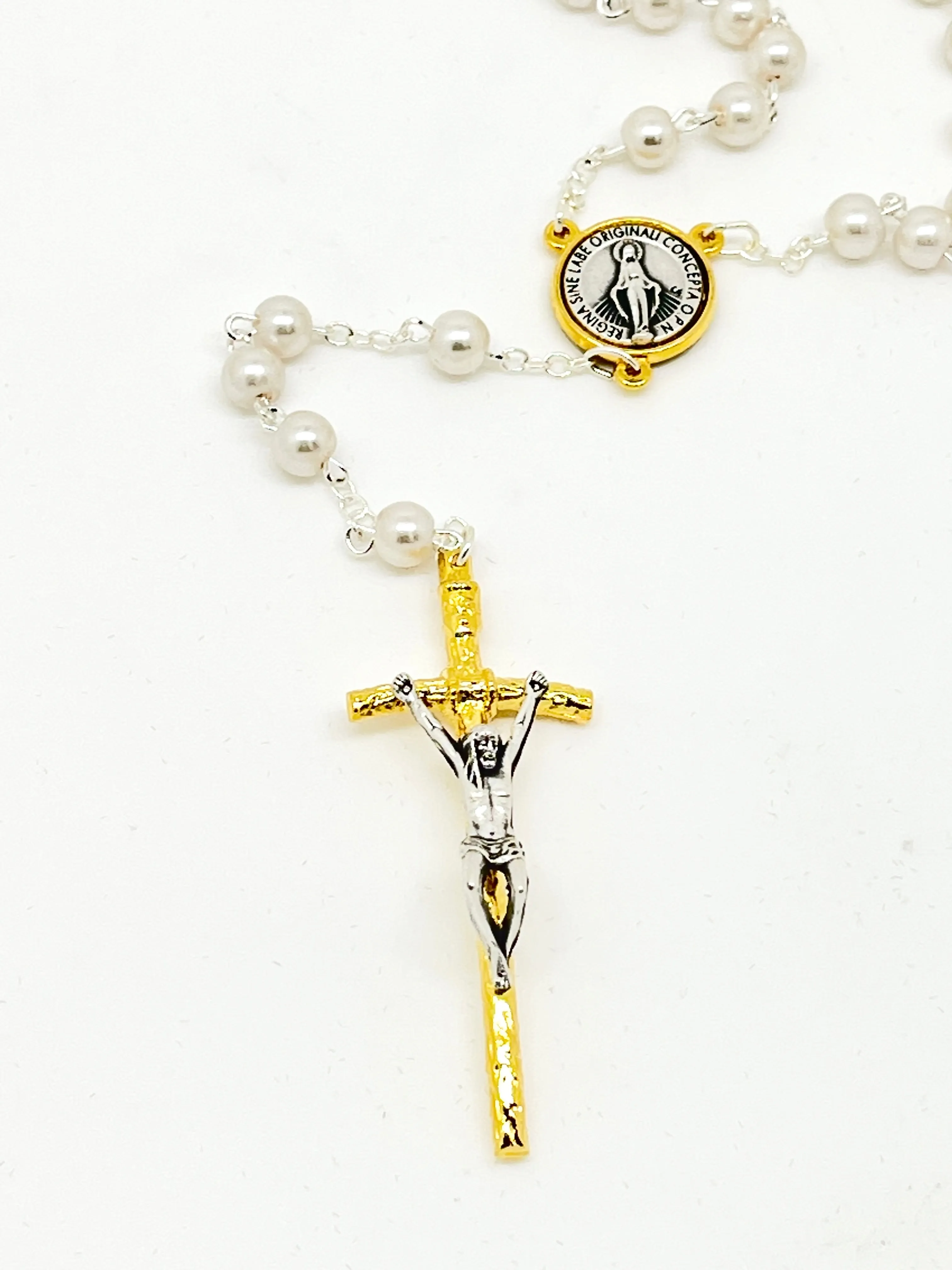 Silver and Gold Two Tone and White Pearl Bead Miraculous Medal Rosary