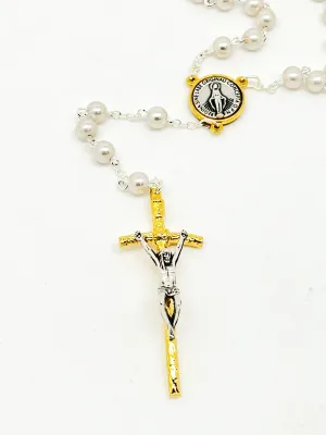 Silver and Gold Two Tone and White Pearl Bead Miraculous Medal Rosary