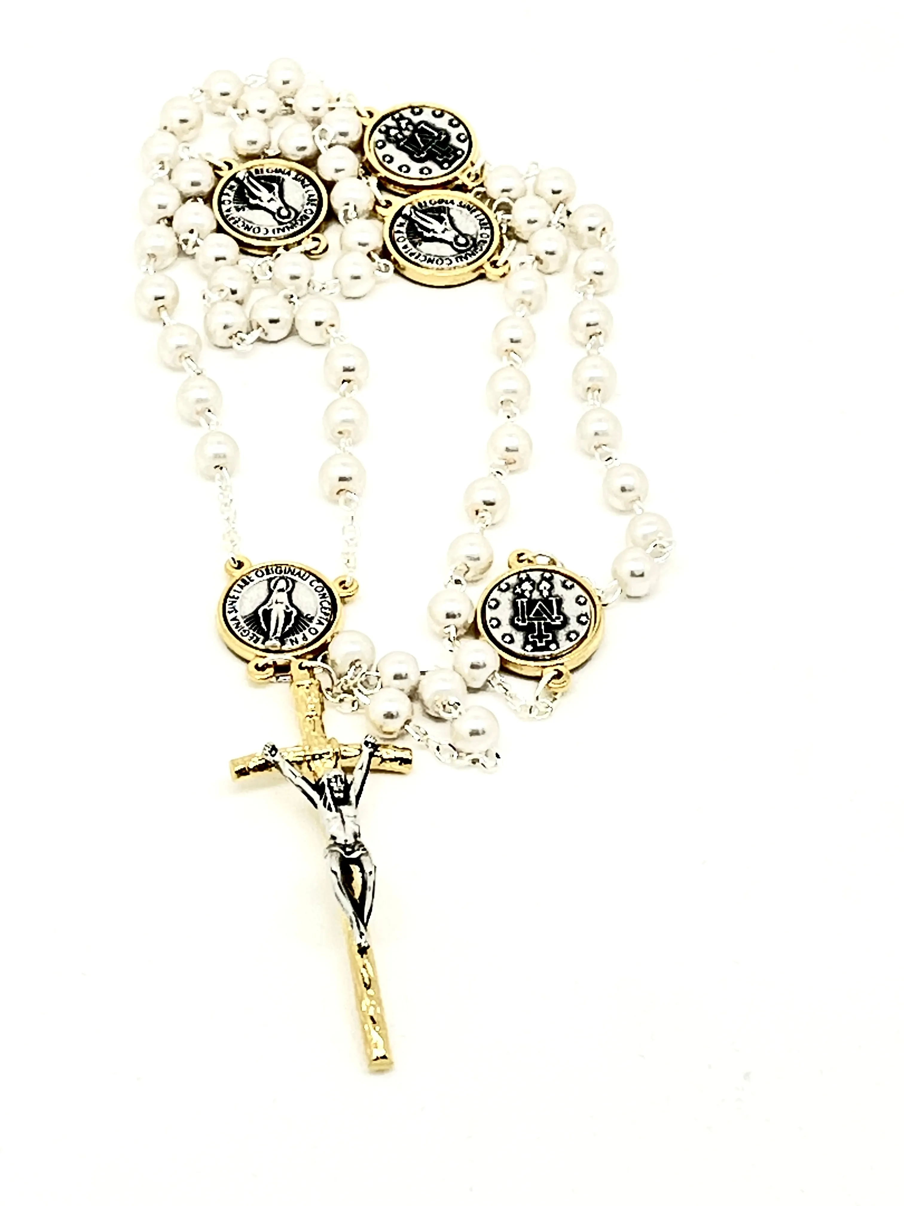 Silver and Gold Two Tone and White Pearl Bead Miraculous Medal Rosary