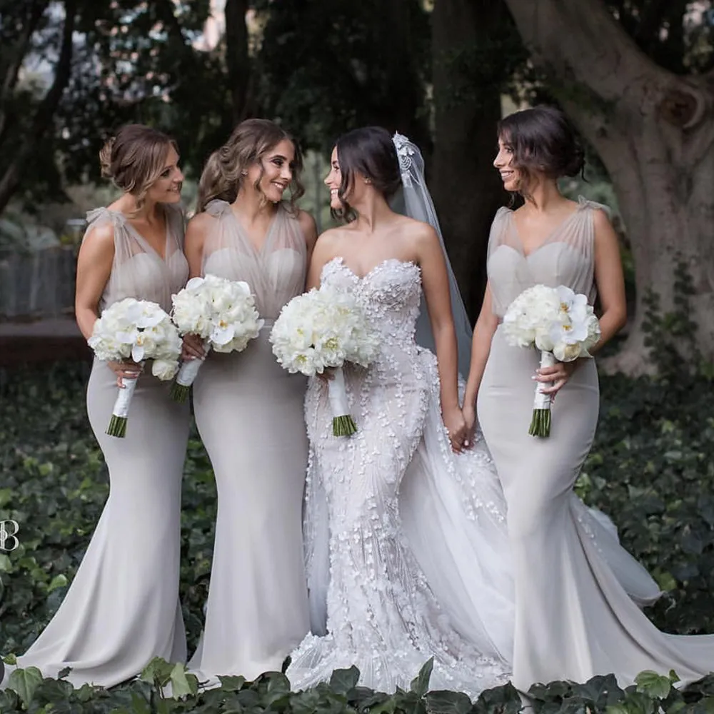 silver bridesmaid dresses long v neck mermaid tulle elegant sleeveless cheap wedding party dresses