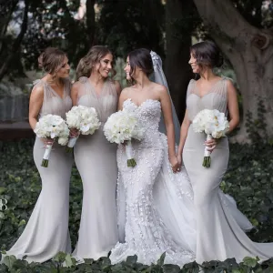 silver bridesmaid dresses long v neck mermaid tulle elegant sleeveless cheap wedding party dresses