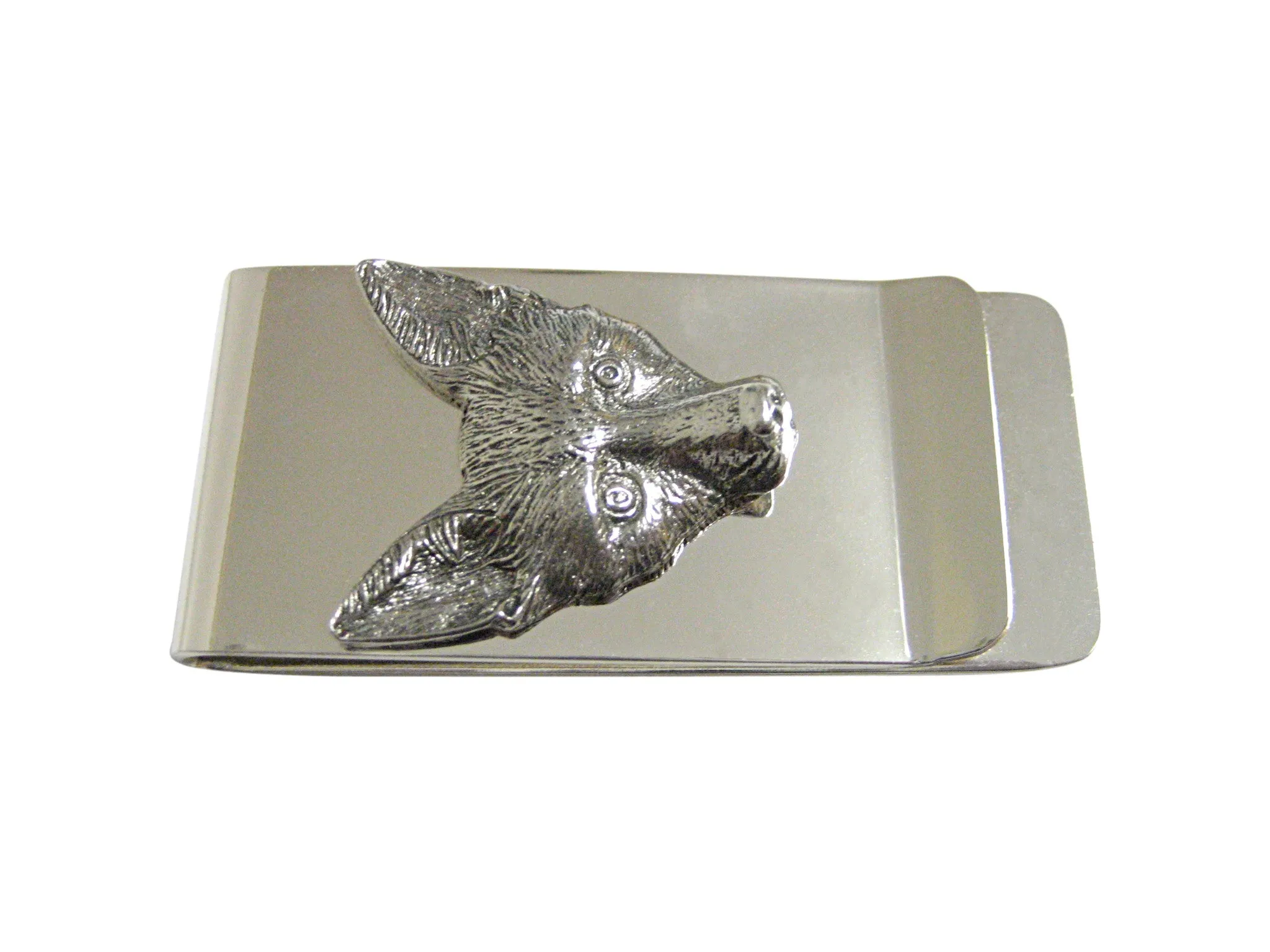 Silver Toned Textured Fox Head Money Clip
