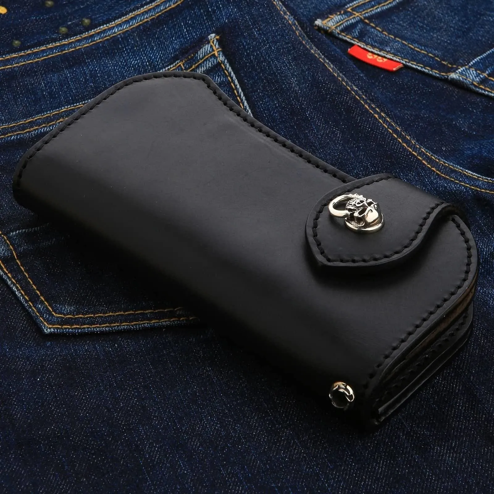 Skull Silver Cowhide Leather Biker Wallet
