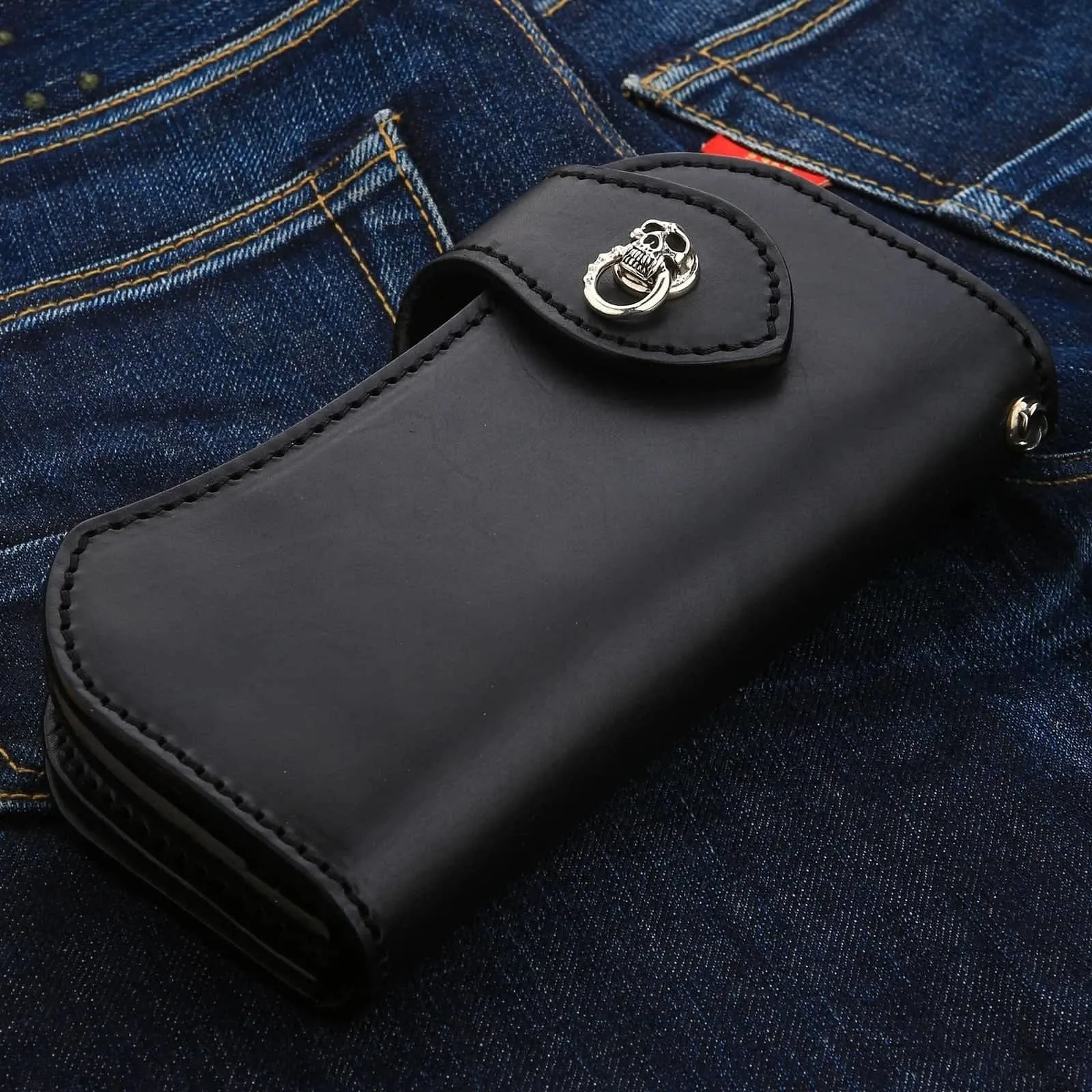 Skull Silver Cowhide Leather Biker Wallet