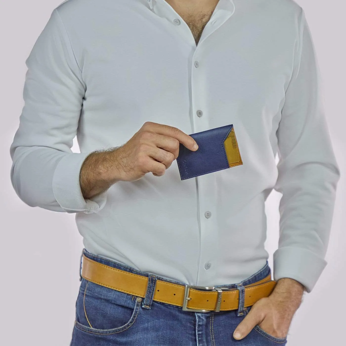 Slim Vegan Leather Cardholder | Blue & Camel