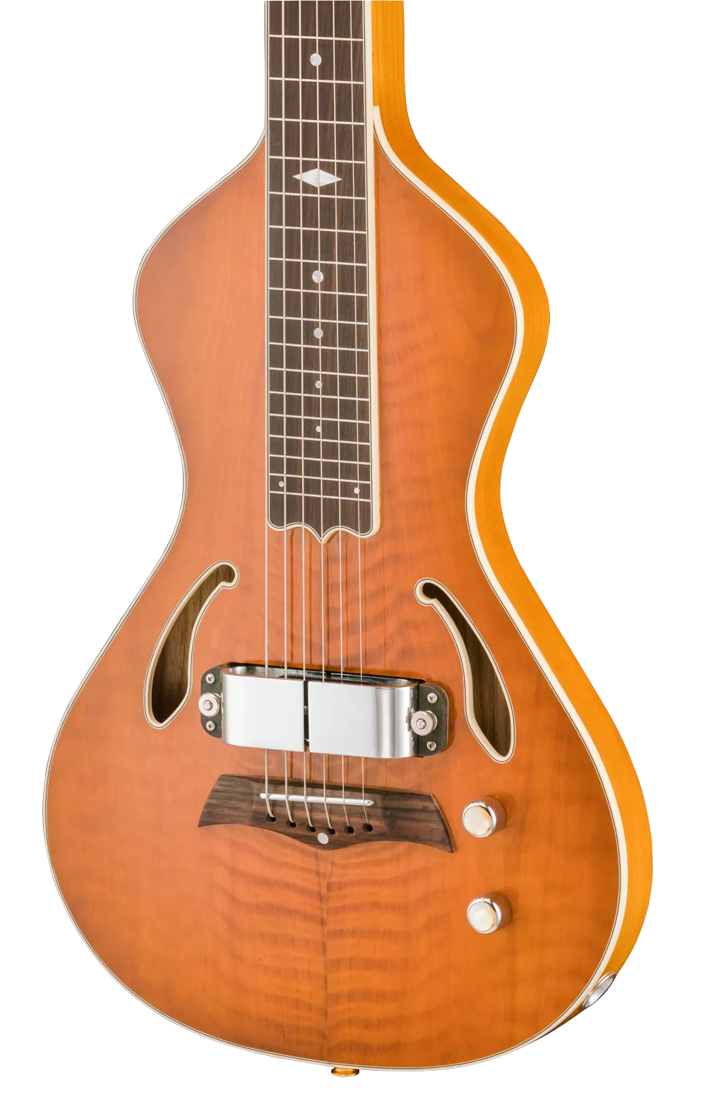 SOLD Asher Dual Tone #951 Semi-Acoustic Lap Steel with Flame California Redwood Top and Horseshoe Pickup