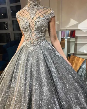 sparkly ball gown prom dresses high neck modest gray beaded luxury elegant prom gown