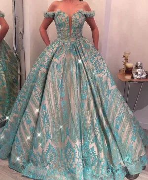 sparkly ball gown prom dresses turquoise blue appliqué off the shoulder elegant prom gown vestido de Longo