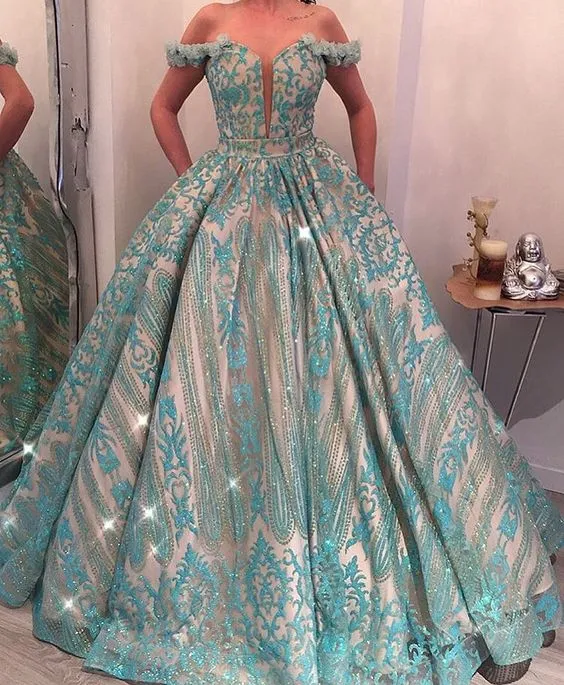 sparkly ball gown prom dresses turquoise blue appliqué off the shoulder elegant prom gown vestido de Longo