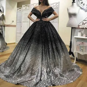 sparkly prom ball gown black gradient sequin off the shoulder elegant prom dresses long
