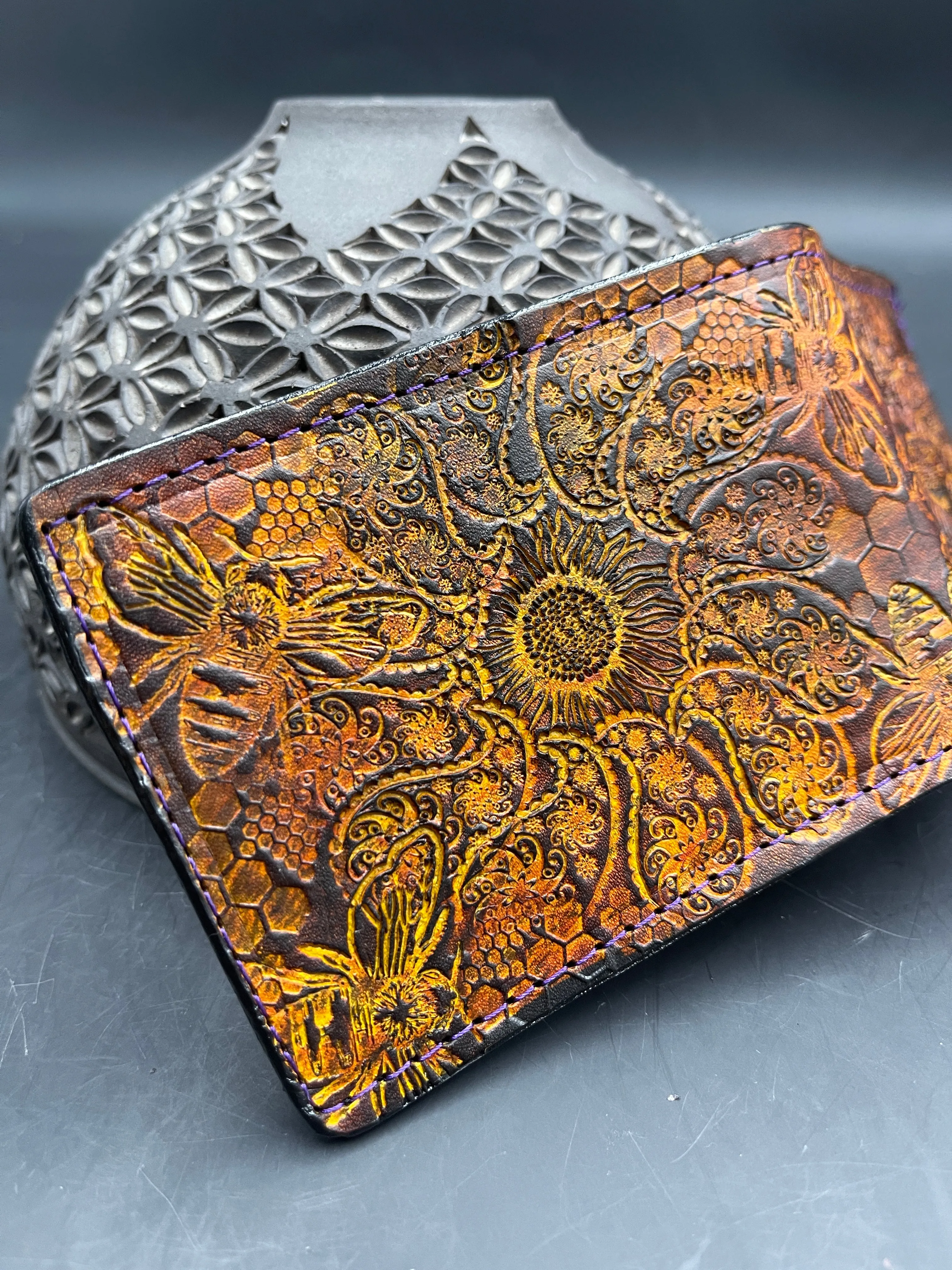 Stamped Leather Bifold Wallet - Bees
