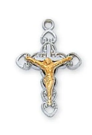 Sterling Silver Crucifix with gold corpus 5/8" with 16" chain, box and velvet bag