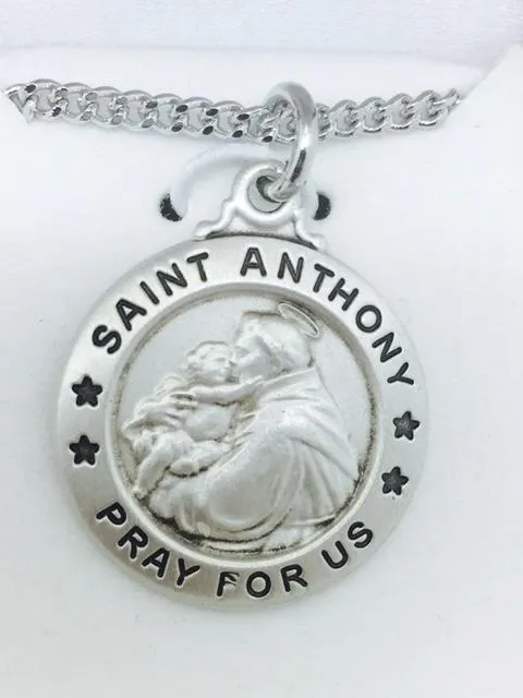 Sterling Silver St Anthony 3/4" with 20" Chain, box and velvet bag