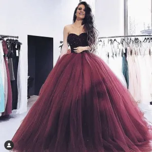 sweetheart neck ball gown prom dresses burgundy elegant sparkly beaded prom gown sweet 16