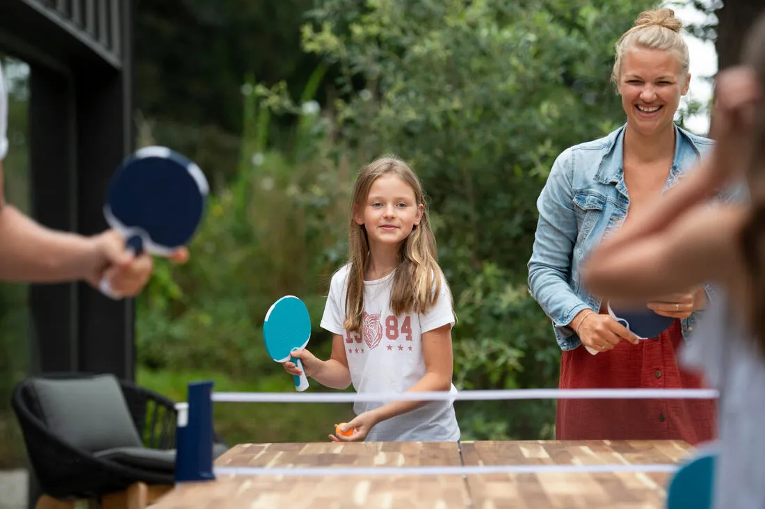 Table Tennis Set with Posts, Adjustable Rollnet, 2 Bats and 2 Balls - White/Grey