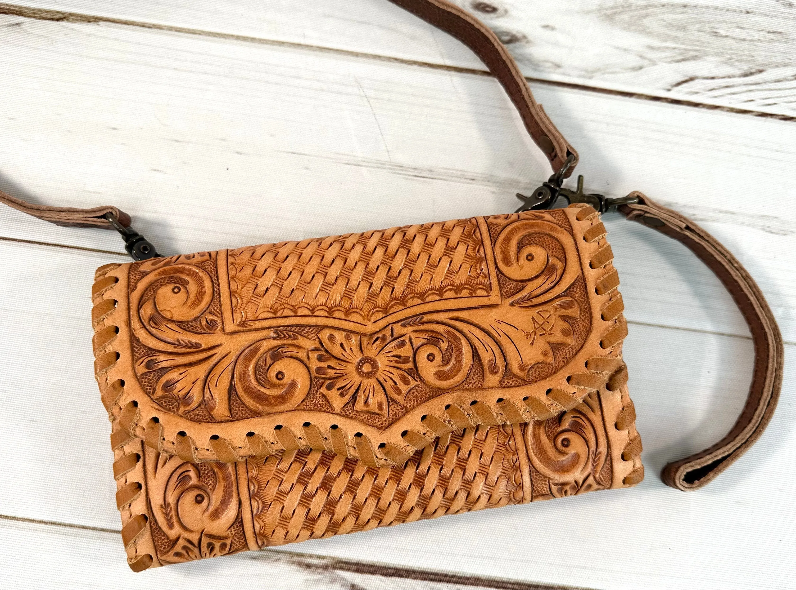 Tan Leather Tooled Wallet Carryall
