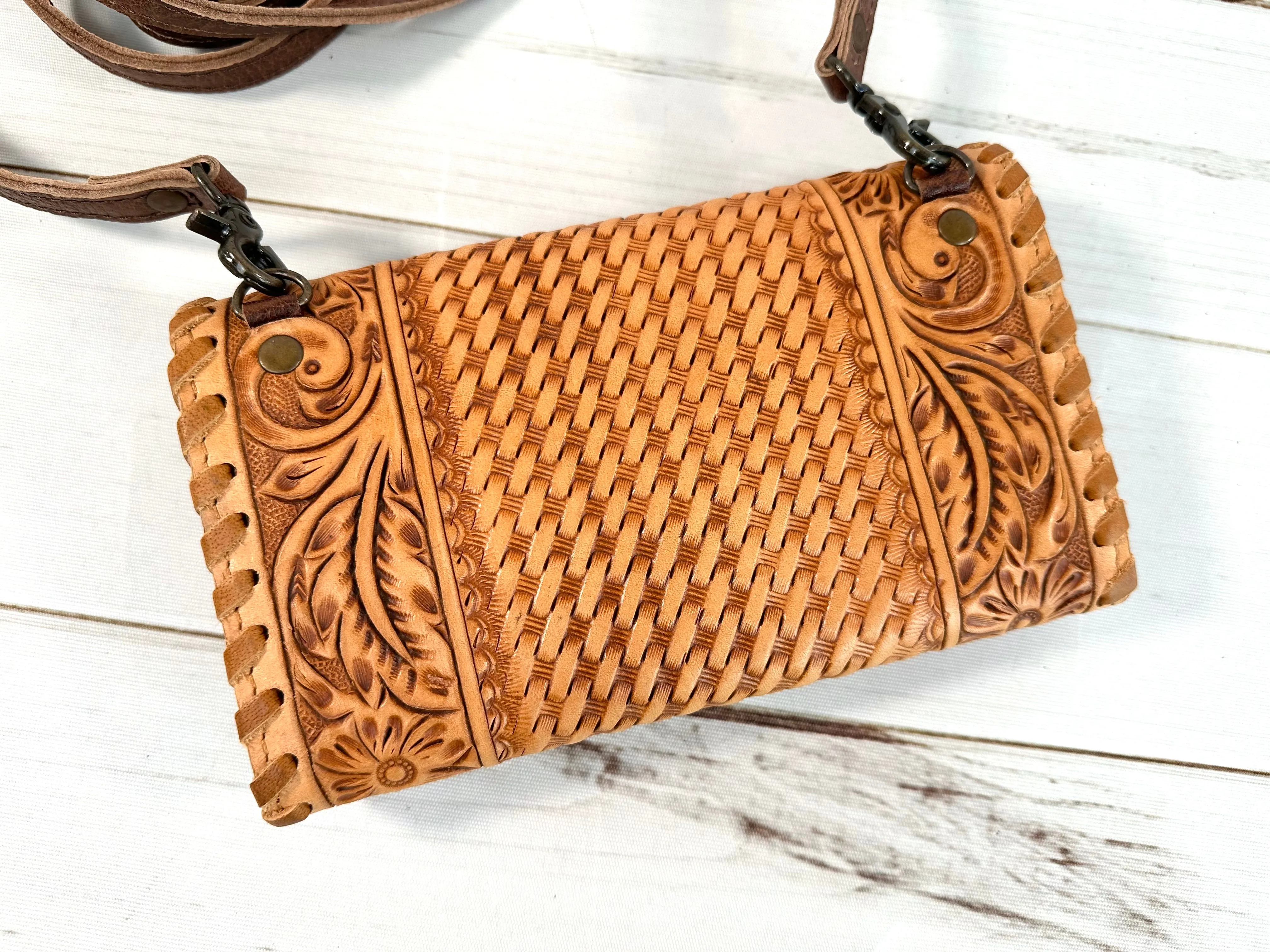 Tan Leather Tooled Wallet Carryall