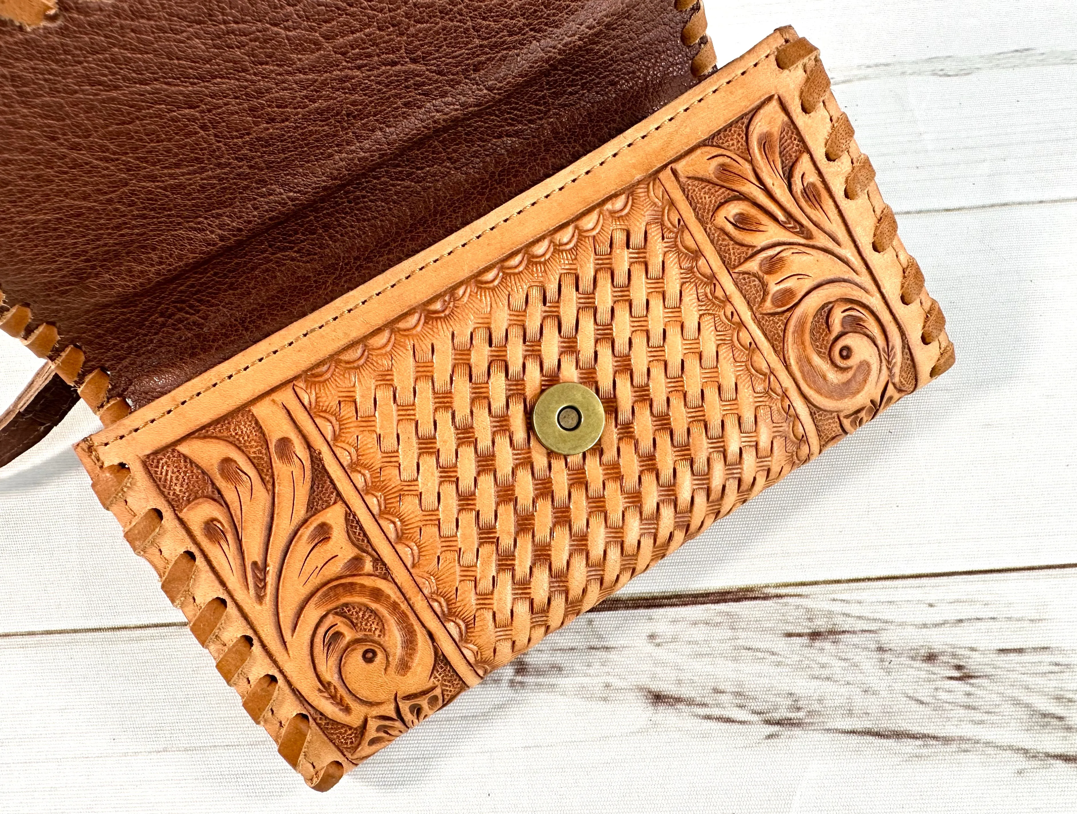 Tan Leather Tooled Wallet Carryall