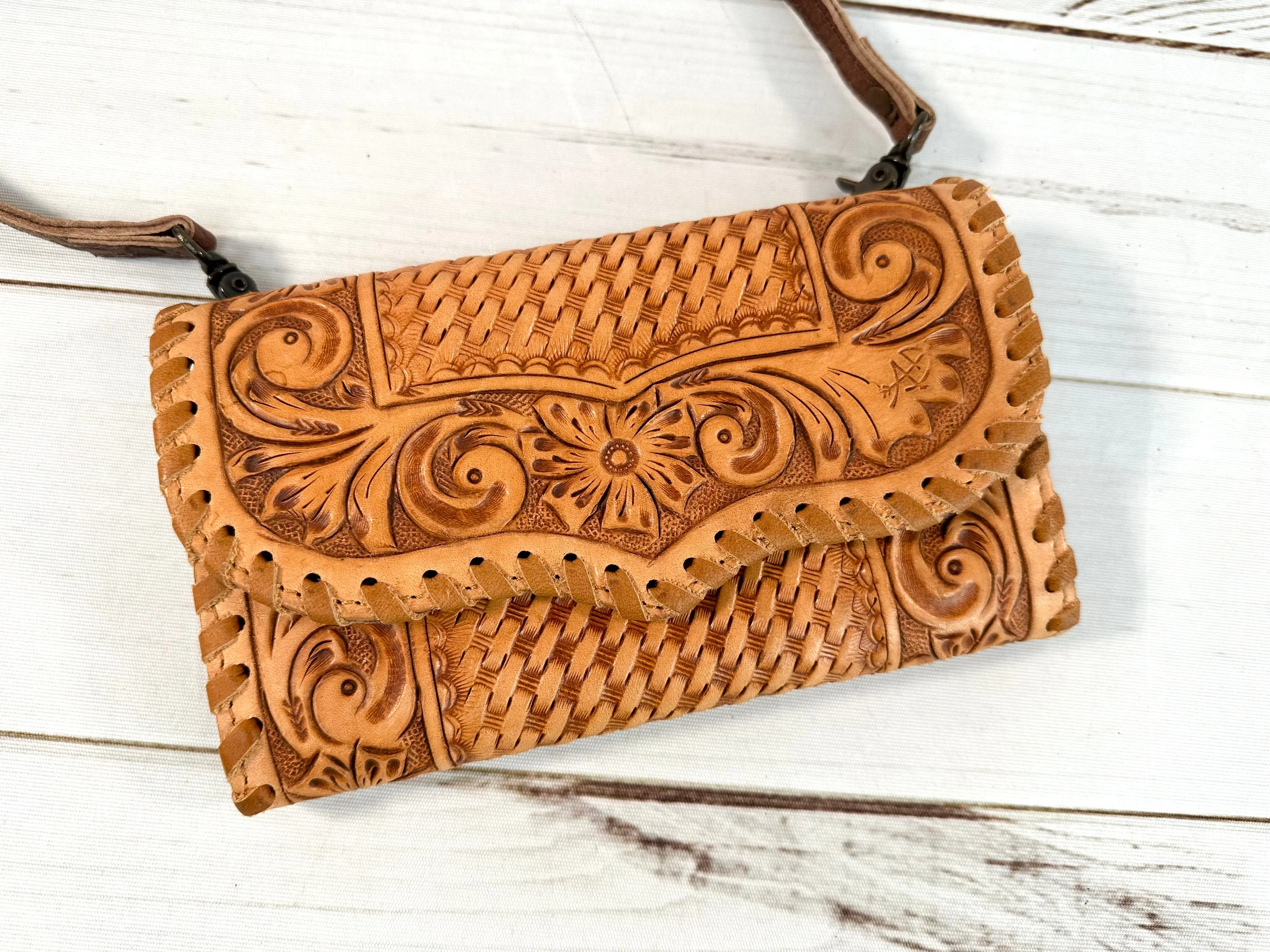 Tan Leather Tooled Wallet Carryall