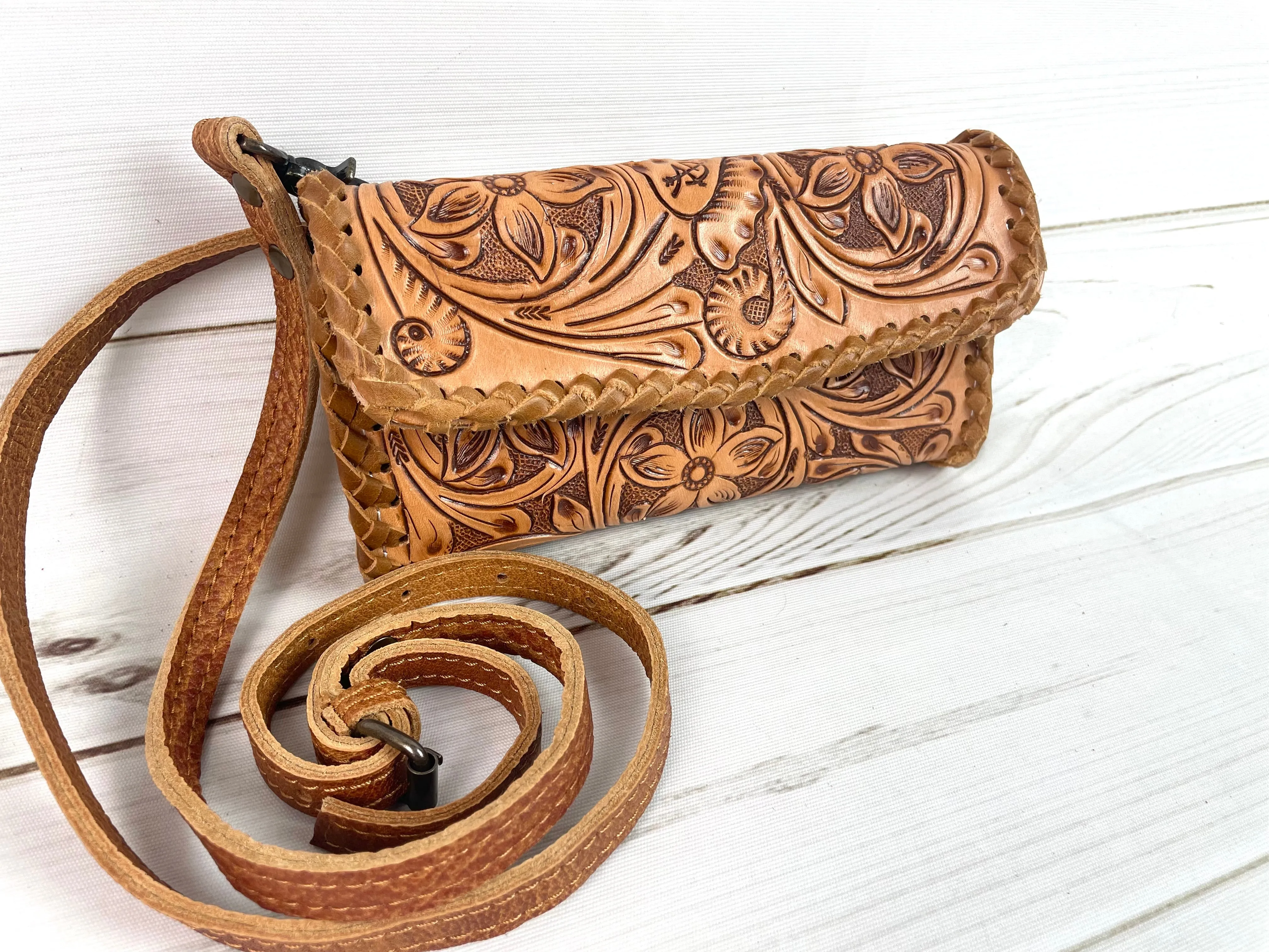 Tan Leather Tooled Wallet Carryall
