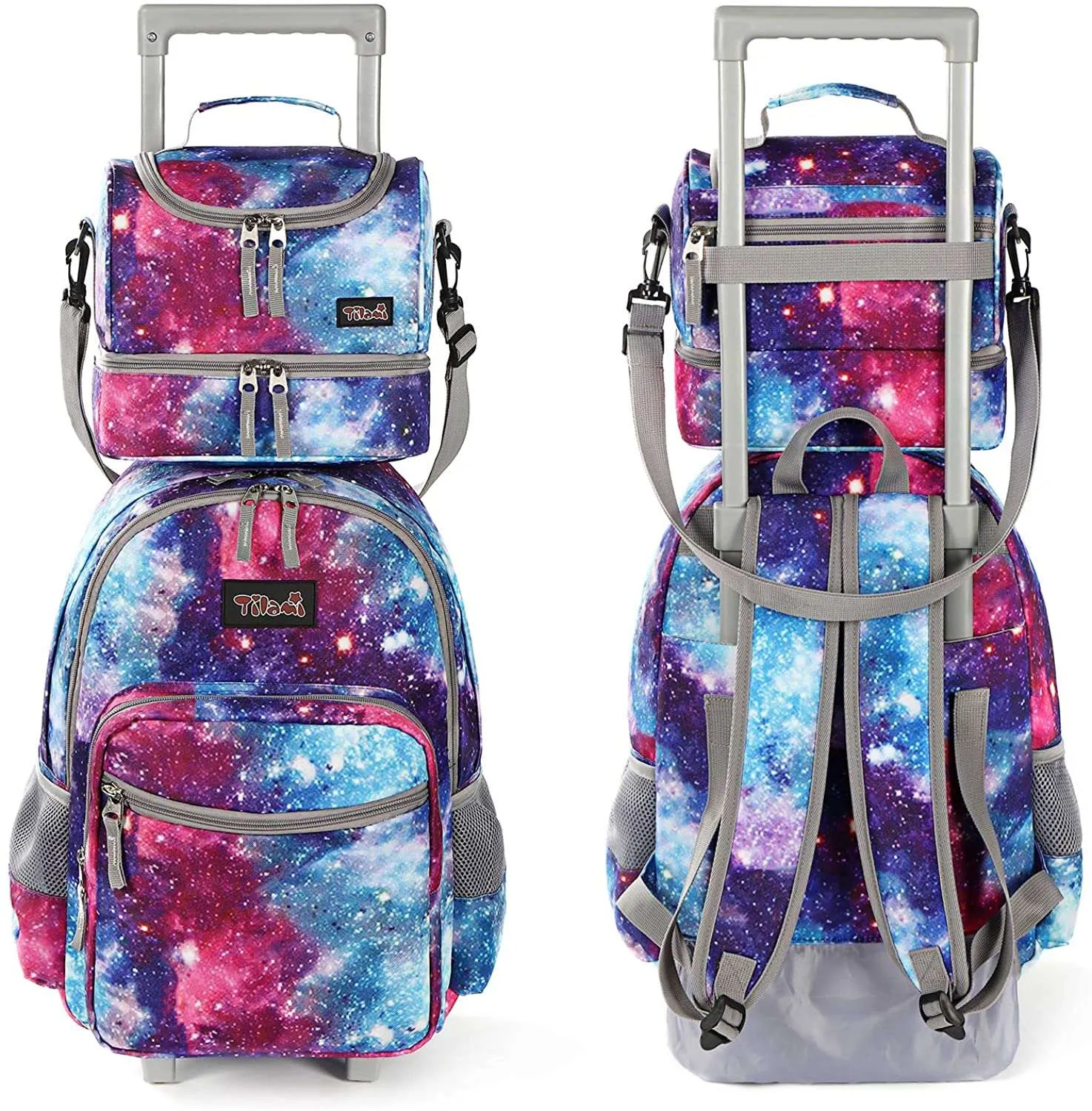Tilami Purple Colorful Sky Double Handle Rolling Backpack 18 inch with Lunch Bag