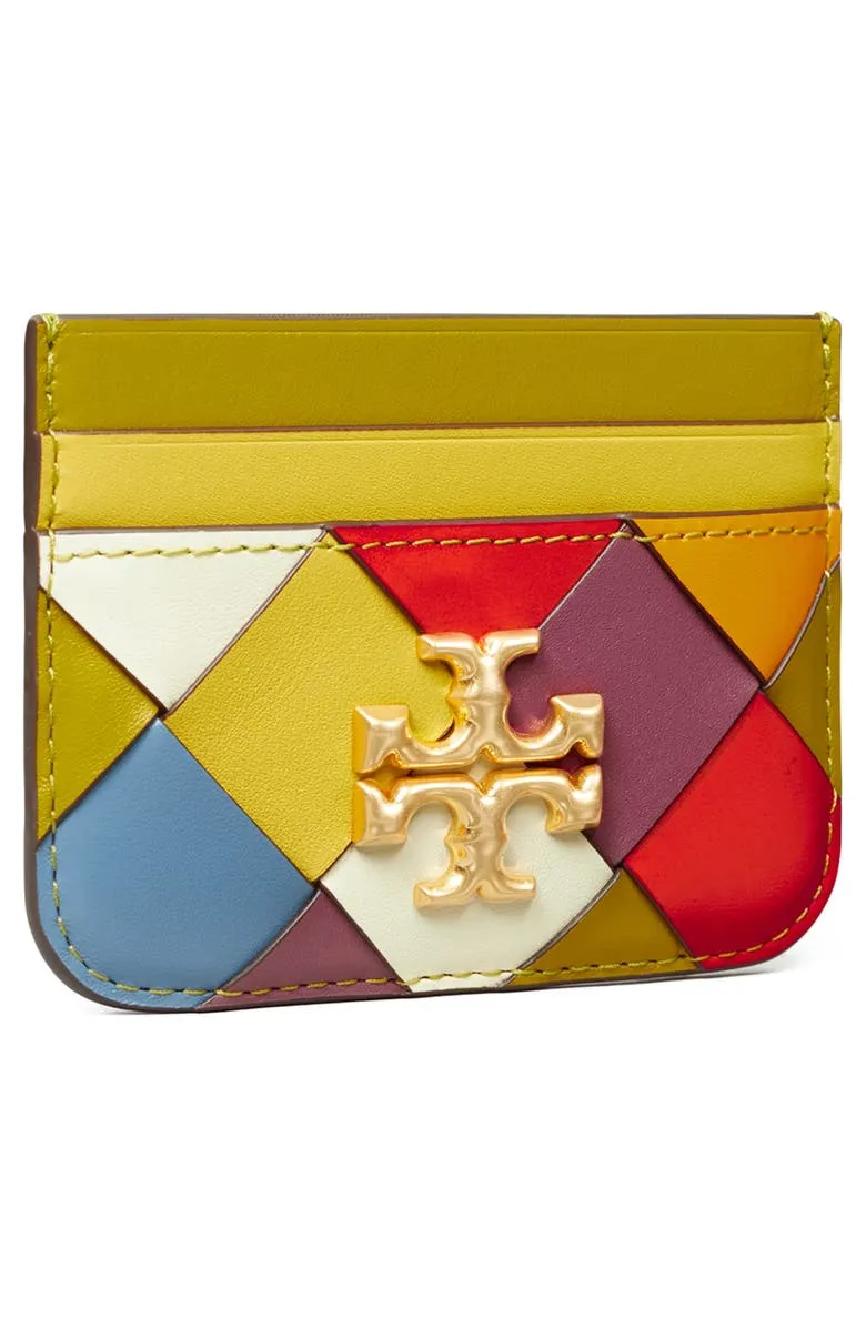 Tory Burch Eleanor Woven Leather Card Case Color Blocked Yellow Wallet New