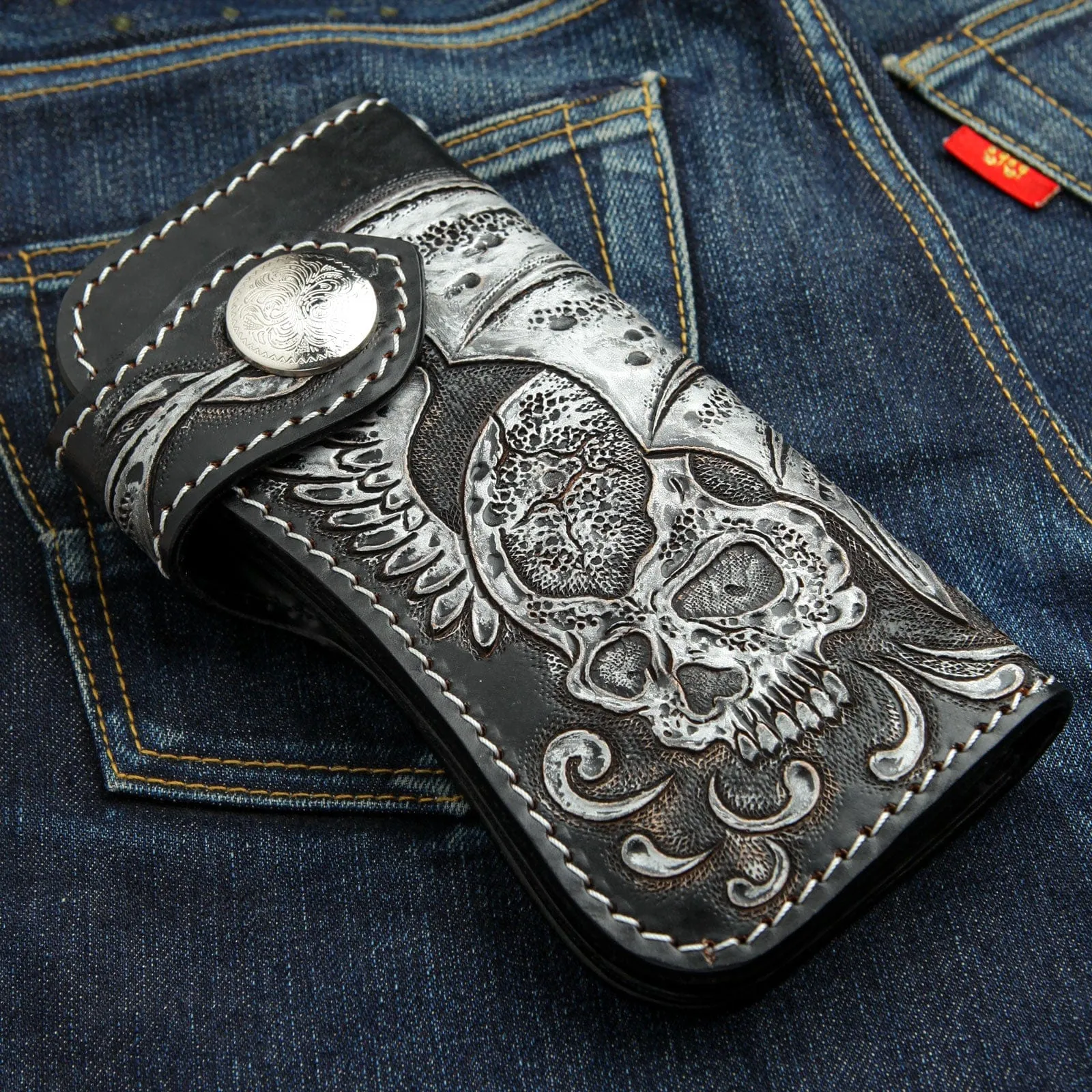 Tribal Skull Carved Genuine Leather Biker Wallet