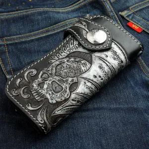 Tribal Skull Carved Genuine Leather Biker Wallet
