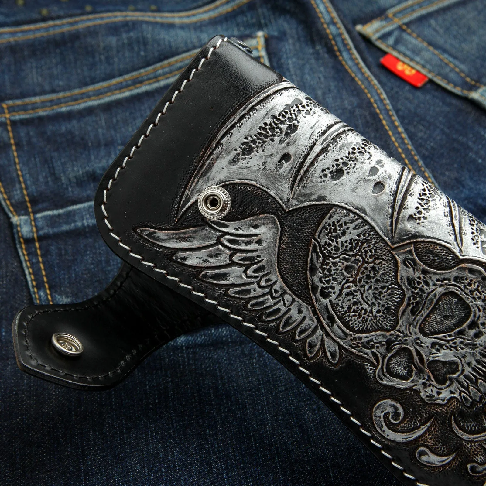 Tribal Skull Carved Genuine Leather Biker Wallet