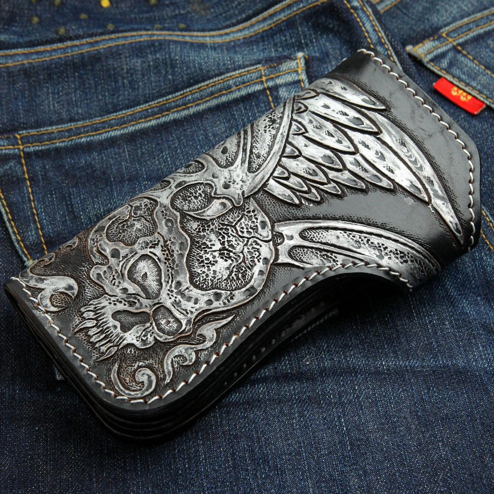 Tribal Skull Carved Genuine Leather Biker Wallet