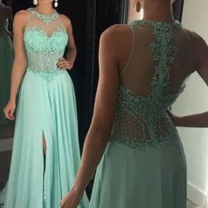 turquoise blue prom dresses long o neck beaded elegant cheap chiffon a line prom gown