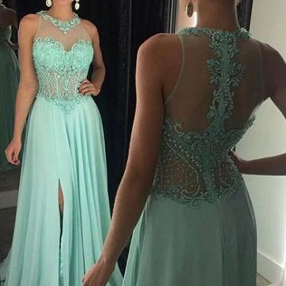 turquoise blue prom dresses long o neck beaded elegant cheap chiffon a line prom gown