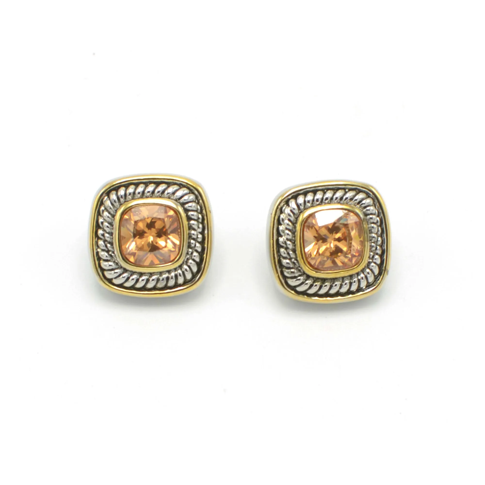 TWO TONE CHAMPAGNE CRYSTAL SQUARE EARRINGS SET #73014ER-CHA (FC10)
