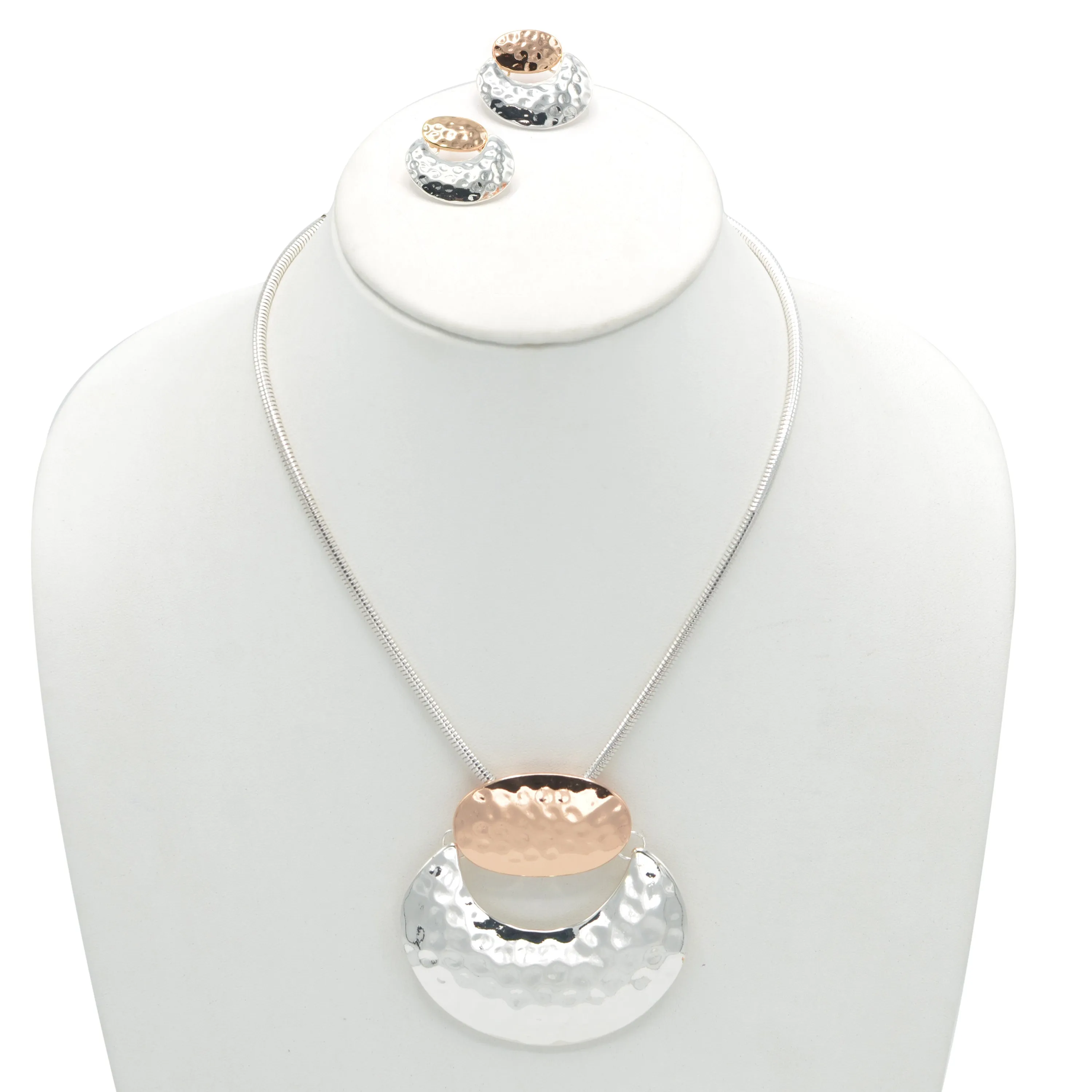 TWO-TONE HAMMERED METAL NECKLACE AND EARRINGS SET#SQMDD-0082X(LF20-LE20)