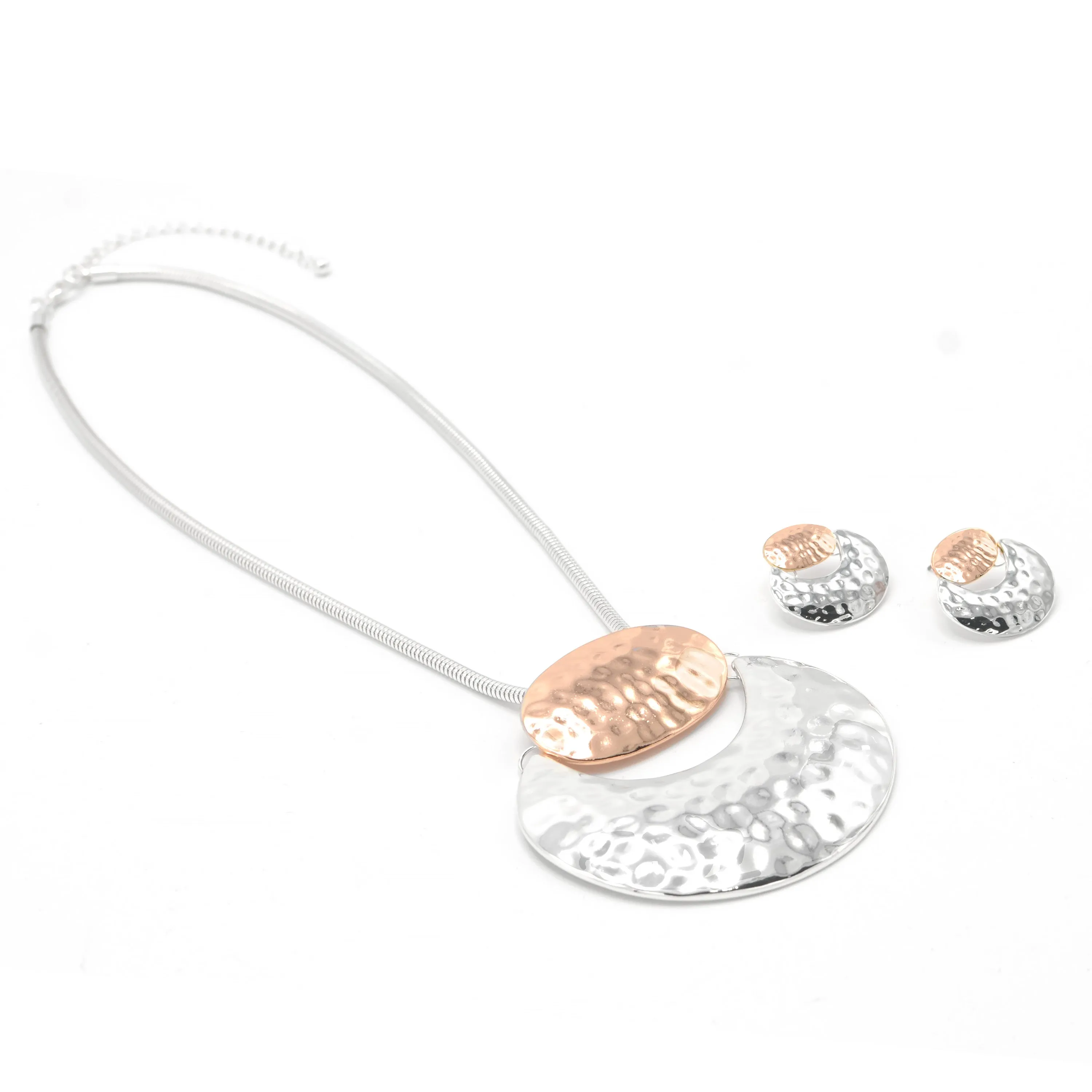 TWO-TONE HAMMERED METAL NECKLACE AND EARRINGS SET#SQMDD-0082X(LF20-LE20)