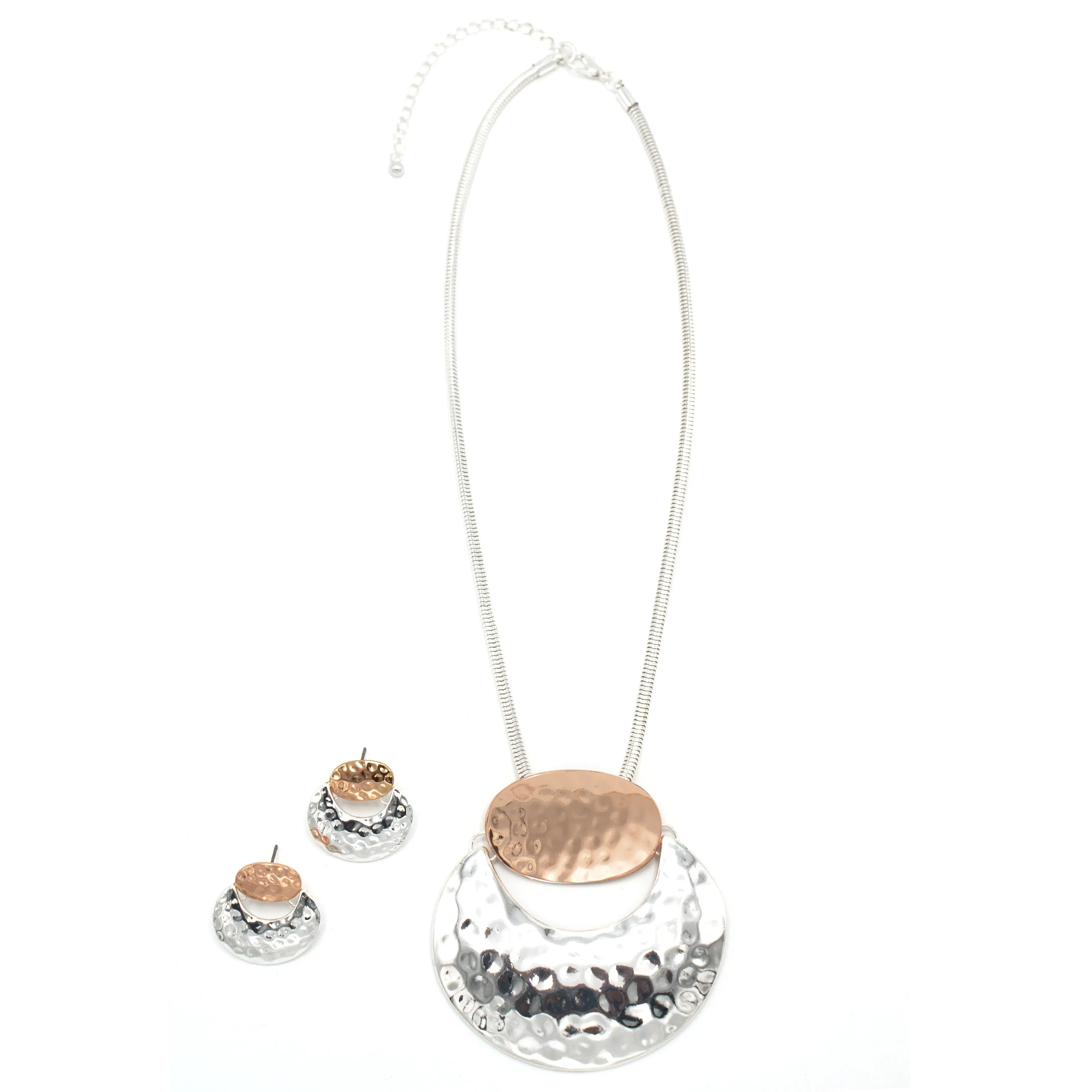 TWO-TONE HAMMERED METAL NECKLACE AND EARRINGS SET#SQMDD-0082X(LF20-LE20)