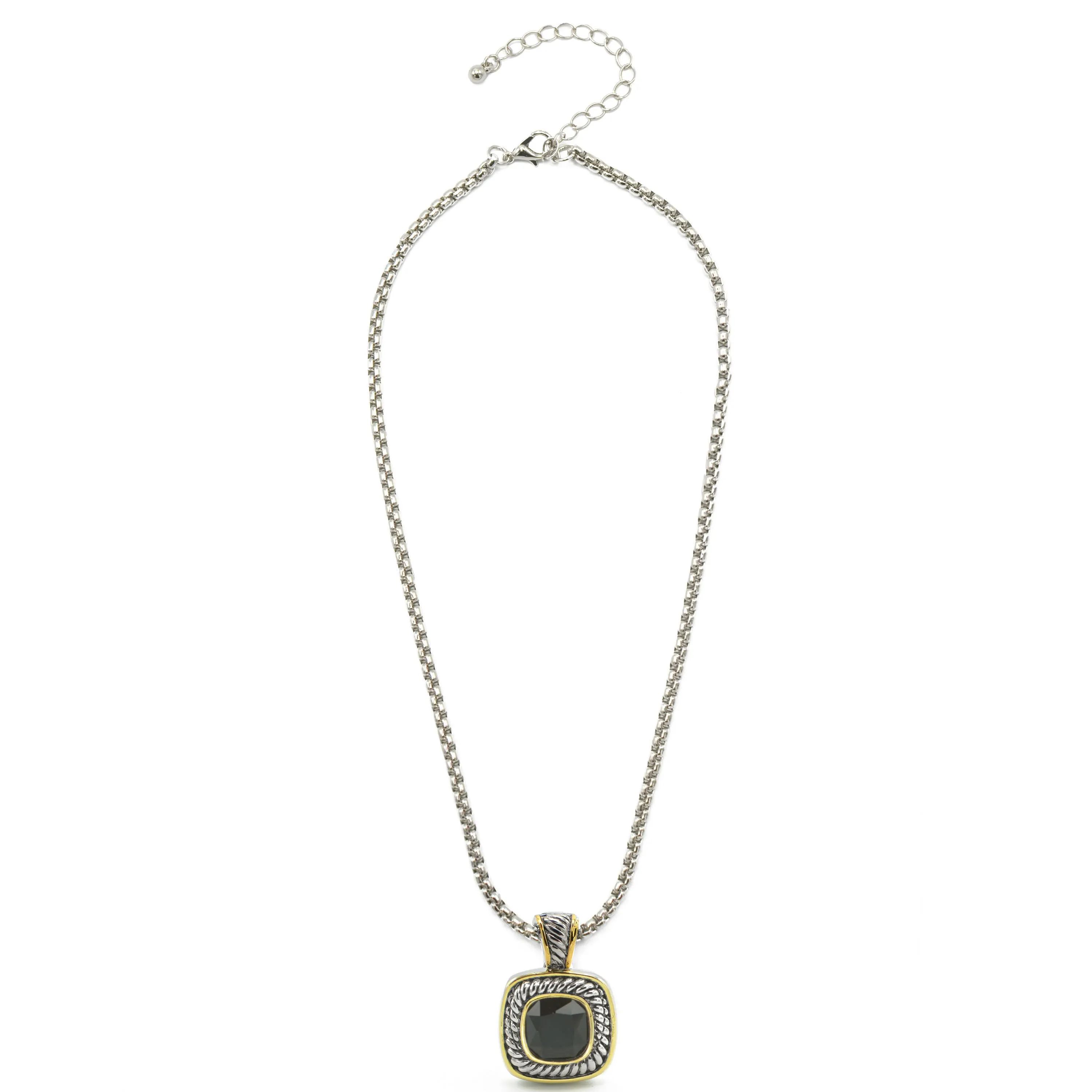 TWO TONE JET CRYSTAL SQUARE PENDANT BOX CHAIN NECKLACE  #73014 EH–JET(FF10)