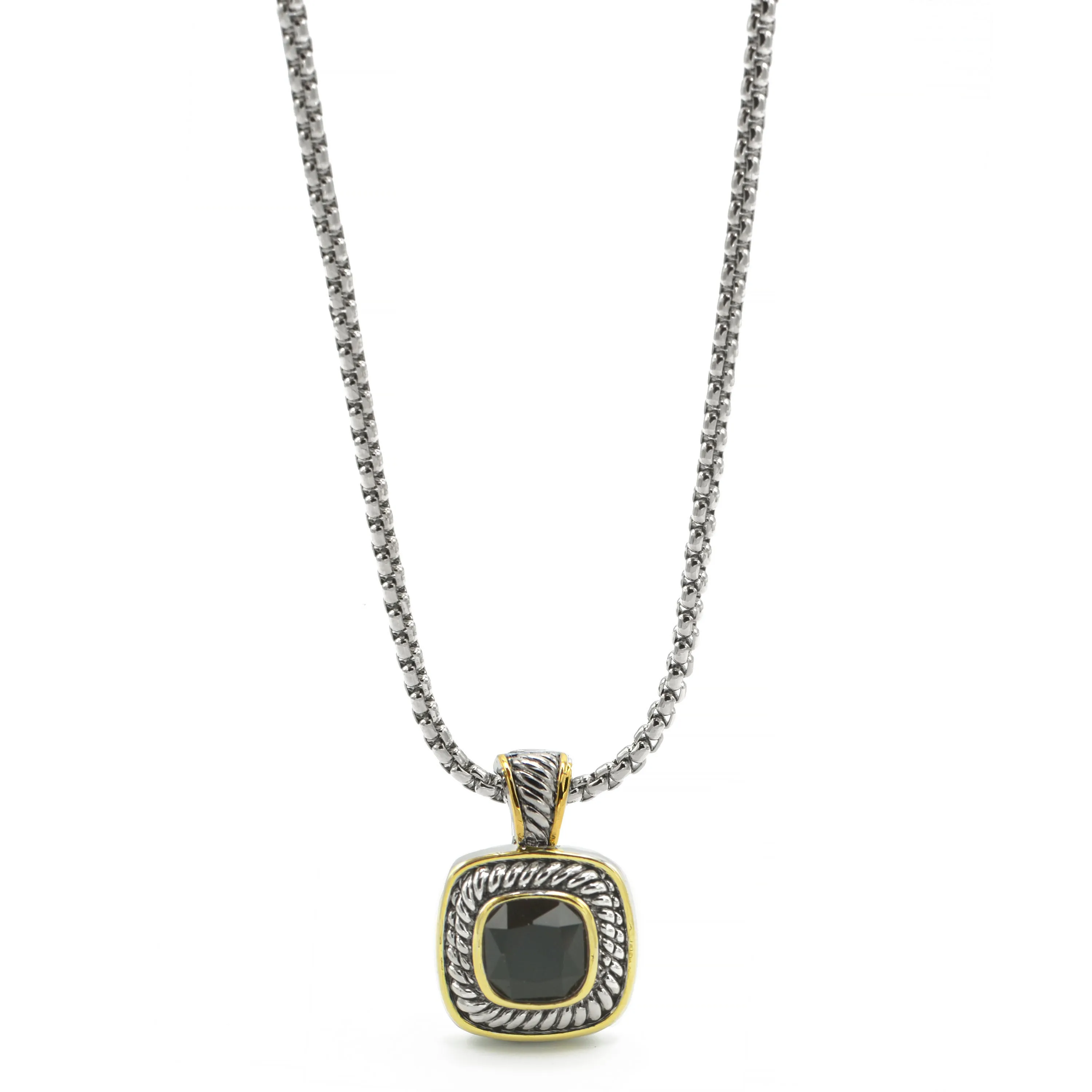TWO TONE JET CRYSTAL SQUARE PENDANT BOX CHAIN NECKLACE  #73014 EH–JET(FF10)