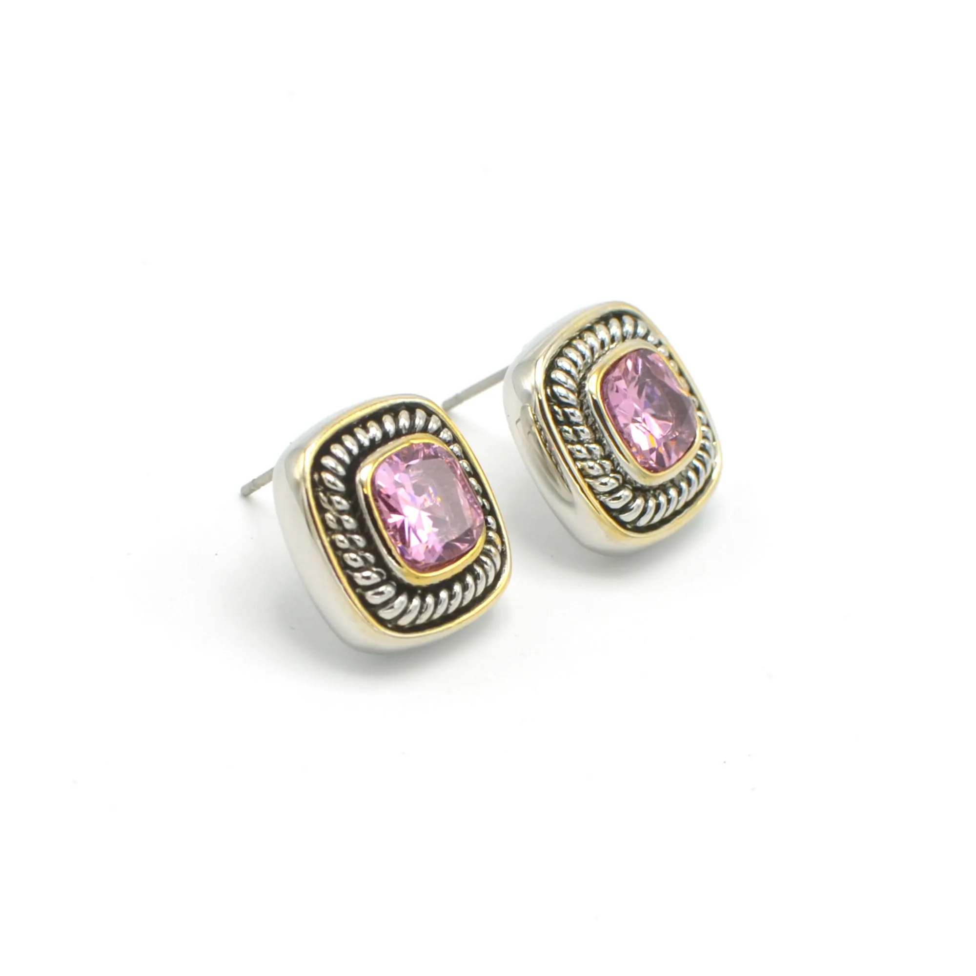 TWO TONE ROSE CRYSTAL SQUARE EARRINGS SET # 73014ER-RO(FE9)